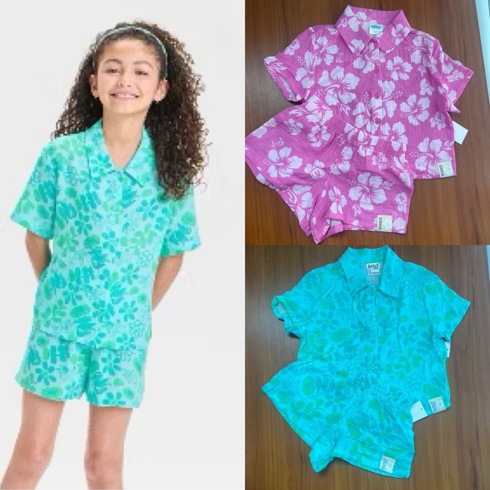 2-Set Bluey & Disney Minnie Mouse Girls Cotton Gauze Tropical Shorts Outfits S